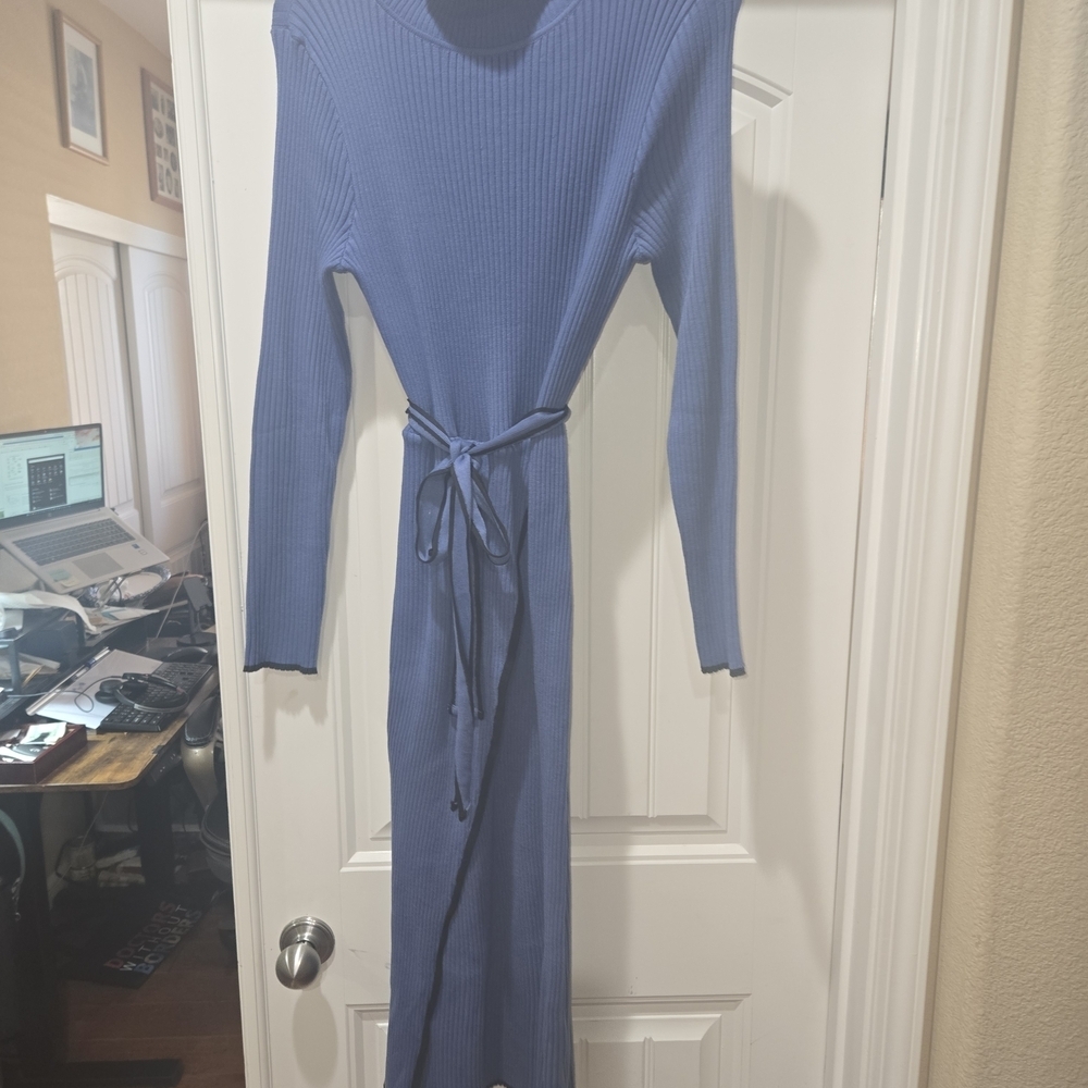 SHEIN Blue Ribbed Turtle neck  Knit  Faux wrap Dress Size XXL with belt EUC
